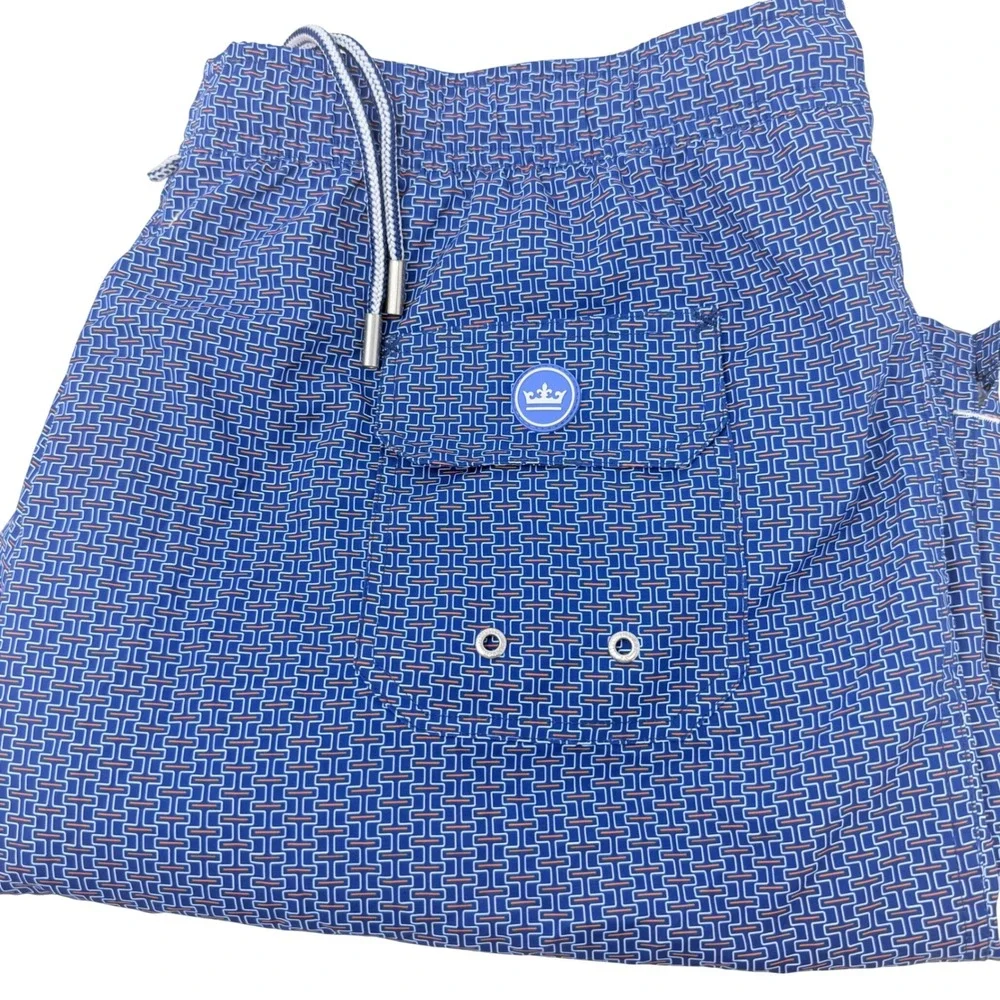 Peter Millar Seaside Collection Mens XL Blue Geometric Link Swim Trunks Shorts